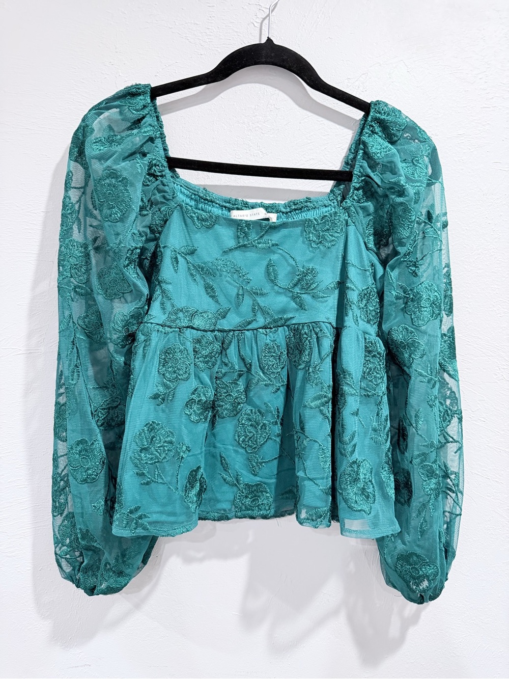 Altar’d State Teal Floral Embroidered Mesh Peplum Blouse Size S